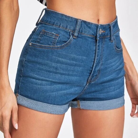 SHEIN BASICS Mid-Waist Cuffed Denim  Shorts - Picture 3 of 3